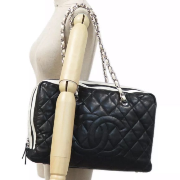 CHANEL Black White Camera Case Chain Shoulder Handbag Quilted Lambskin Leather